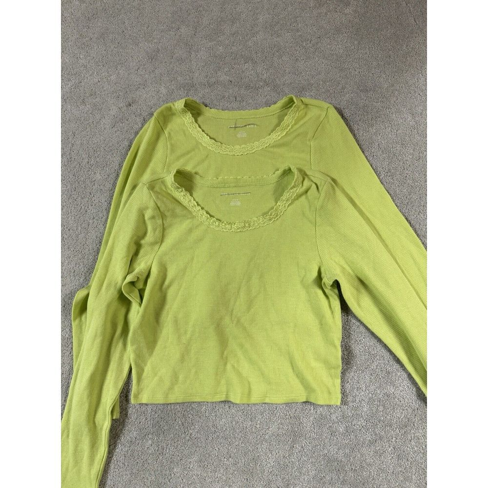 2 American Eagle Green/ Yellow Long Sleeve Tops Waffle‎ Lace Collar Medium